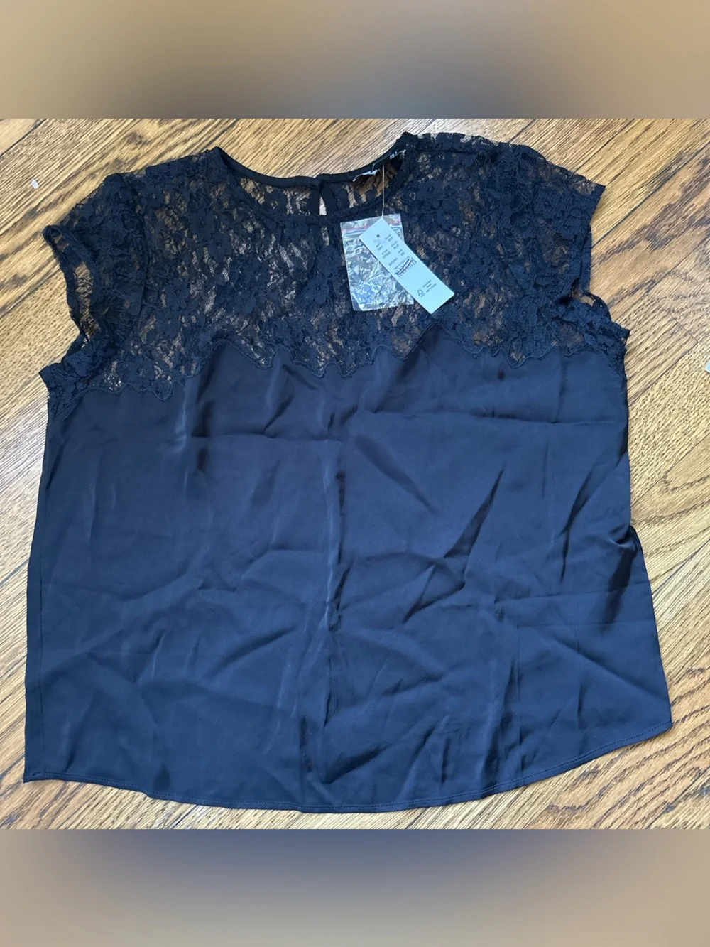 NWT J. Crew Black Satin and Lace Cap Sleeve Sleeve Top